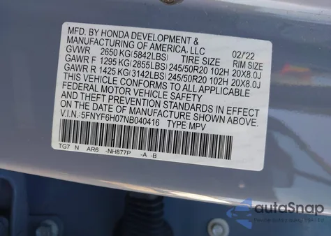 2022 Honda Pilot Awd Elite z USA, uszkodzony, nr VIN 5FNYF6H07NB040416